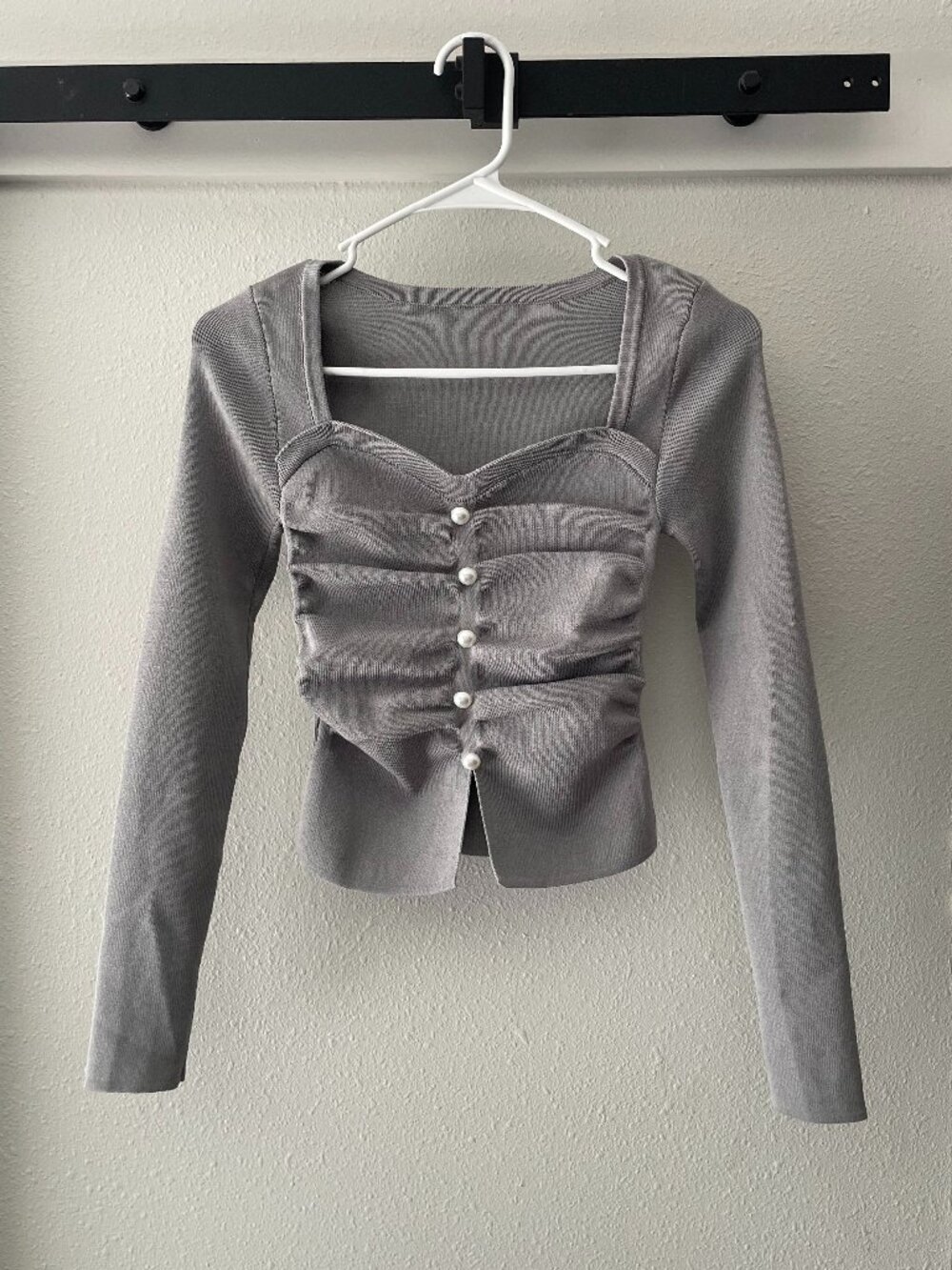 Cider Grey Long Sleeve Ruched Front Pearl Buttons